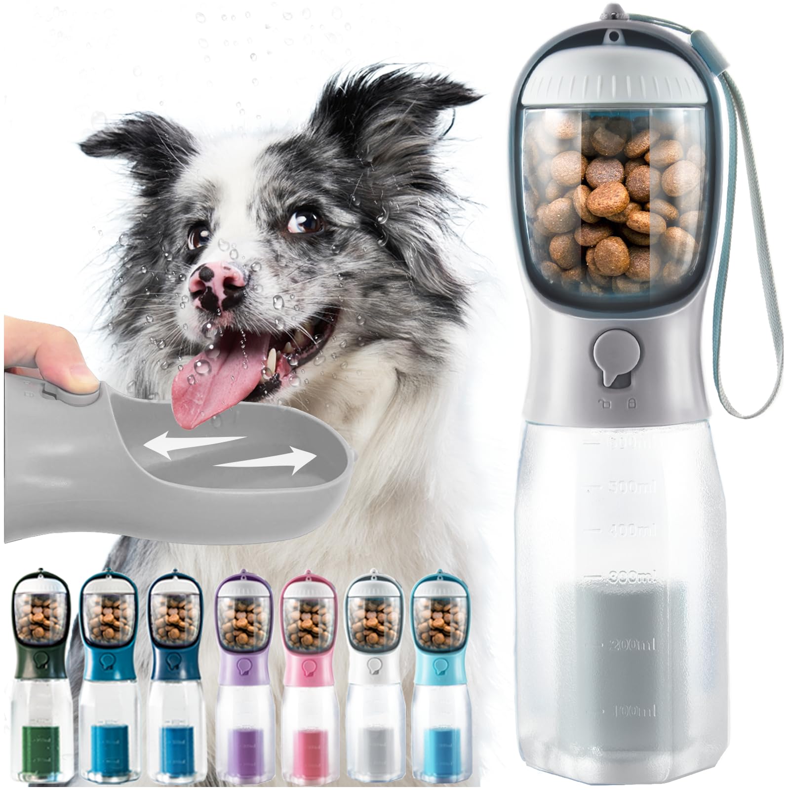 PawFixA’s Special Portable Dog Water Bottle 3-in-1 Dog Travel Water Bowl with Food Container & Poop Bag Holder Pet Water Dispenser Summer Outdoor Walking Hiking Accessories for Large Dog - Gray 20oz