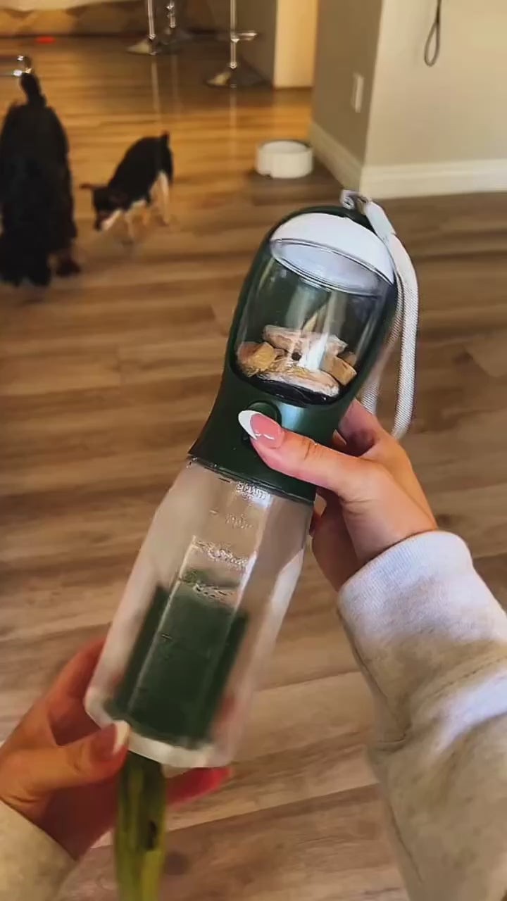 PawFixA’s Special Portable Dog Water Bottle 3-in-1 Dog Travel Water Bowl with Food Container & Poop Bag Holder Pet Water Dispenser Summer Outdoor Walking Hiking Accessories for Large Dog - Gray 20oz